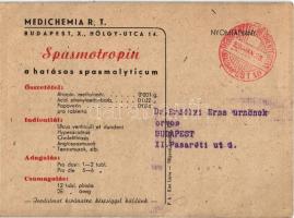 "Az ideális spasmolyticum" Spasmotropin görcsoldó reklámlapja. Medichemia R.T. Budapest X....