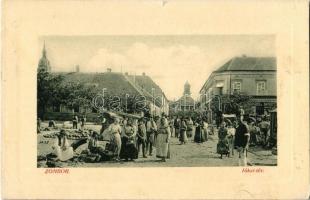 1912 Zombor, Sombor; Jókai tér, piac, Engel üzlete. W. L. Bp. 3747. / square, market vendors, shops (r)