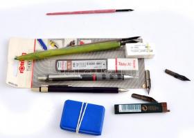 Írószer tétel: Rotring ceruza szet radírral, tartalék hegyekkel eredeti, bontatlan csomagolásban +3 db tustoll és 14 db tushegy + Faber-Castell ceruza és radír
