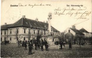 1906 Zombor, Sombor; Szentháromság tér, piaci árusok. Kaufmann Emil kiadása / Holy Trinity statue, market vendors (EK)