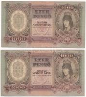 1943. 1000P (2x, közeli sorszámok "F 081 029172 - F 081 029180" nyomdai papírráncokkal) T:II-,III szép papír Adamo P21