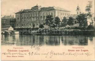 1902 Lugos, Lugoj; Főgimnázium. Nemes Kálmán kiadása / Obergymnasium / high school, riverside (EK)
