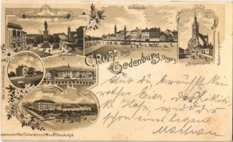 1899 (Vorläufer) Sopron, Széchenyi tér és szobor, Várkerület, Mihály templom, Lähne gyógyintézet, Deák tér, Győri vasútállomás. Kunstanstalt Schwidernoch Art Nouveau, floral, litho