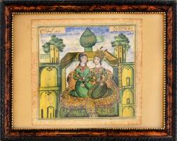 Ismeretlen jelzéssel: Ásziai pár (Perzsia?). Vízfesték, papír, foltos. Vékony kartonra kasírozva. Üv...