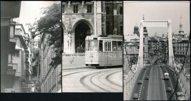 cca 1960-1970 Budapest, 7 db fotólap közlekedési témában, közte Lánchíd, 2-es villamos, Erzsébet-híd, 14x9 cm és 15x10 cm-es méretekben