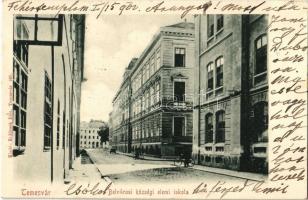 1902 Temesvár, Timisoara; Belvárosi községi elemi iskola, kerékpár. Králicsek Béla kiadása / school, street view, bicycle