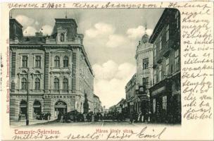 1902 Temesvár, Timisoara; Gyárváros, Három király utca, Duschnitz László, Kohn Testvérek üzlete, Takarékpénztár. Králicsek Béla kiadása / street view, shops, savings bank