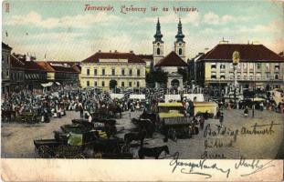 1906 Temesvár, Timisoara; Losonczy tér és hetivásár, piac, Rech János üzlete. Káldor Zs. és Társa kiadása / square, market vendors, shops (EK)