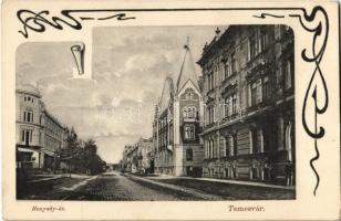 Temesvár, Timisoara; Hunyadi út, villamos, Délvidéki kaszinó. Divald Károly 769. sz. / street view, tram, casino. Art Nouveau (kis szakadás / small tear)