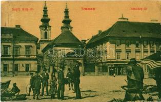 1907 Temesvár, Timisoara; Losonczy tér, Szerb templom, Kerscher üzlete, piaci árusok, csendőr. W. L. (?) 53. / square, street view, Serbian church, shops, market vendors, gendarme (r)