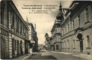 1907 Temesvár, Timisoara; Belváros, Lonovics utca, Római katolikus püspöki palota, Löwi Lipót üzlete / street view, bishop's palace, shops (EK)