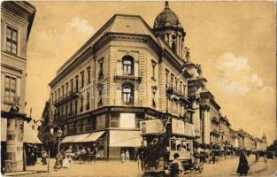 1915 Arad, Andrássy tér, Központi Divatáruház, autóbusz, üzletek, városi vasút. Bloch H. kiadása / square, shops, autobus, urban railway (EK)