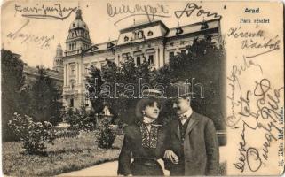 1905 Arad, Park. Ifj. Klein Mór kiadása. Montázs romantikus párral / park. Montage with romantic couple (EM)
