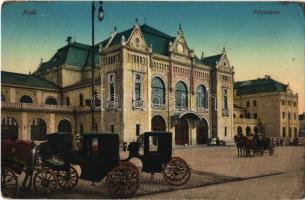 1915 Arad, Pályaudvar, vasútállomás, lovaskocsik / railway station, horse-drawn carriages (EB)