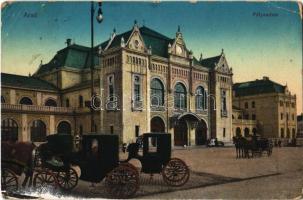 1913 Arad, Pályaudvar, vasútállomás, lovaskocsik / railway station, horse-drawn carriages (Rb)
