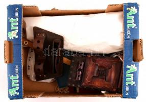 Doboznyi bolhapiaci tétel, benne irattáska, váza, dísztárgyak, bőr íróasztali kellékek