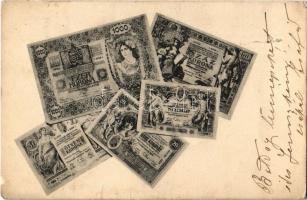 1904 Ezer korona, száz, ötven, húsz, tíz koronás bankjegy / Hungarian banknotes (EK)