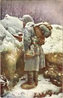 Wachposten im Schnee. Weltkrieg 1914-1916 / Őrség a hóban. Világháború 1914-16 / WWI Austro-Hungarian K.u.K. military art postcard, guard in the snow, winter