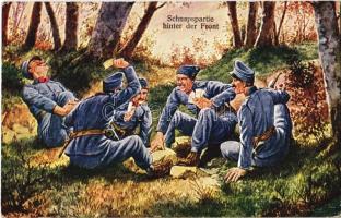 1916 Schnapspartie hinter der Front / WWI Austro-Hungarian K.u.K. military art postcard, soldiers playing cards