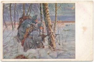 WWI Austro-Hungarian K.u.K. military art postcard, watchmen. W.R.B. & Co. Wien III. Nr. 207. s: L. Wintorowski (ázott / wet damage)