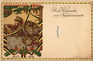 1914-1916 Beste Weihnachts und Neujahrswünsche! Offizielle Karte für Rotes Kreuz, Kriegsfürsorgeamt Kriegshilfsbüro No. 594. / WWI Austro-Hungarian K.u.K. military Christmas and New Year greeting art postcard, soldier with rifle. litho s: Alfred Offner (fl)