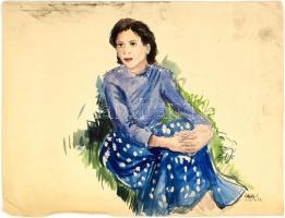Élesdy István (1912-1987): Ülő hölgy portréja. Akvarell, papír, jelzett és datált. Lap széle gyűrött, 36,5×47,5 cm
