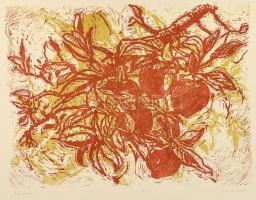 Somlai Vilma (1938-2007): Őszi alma. Színes linómetszet, papír, jelzett, számozott (86/100), hátoldalán a művész és a Rézkarcoló Alkotóművészek Közössége pecsétjével, 29×38 cm