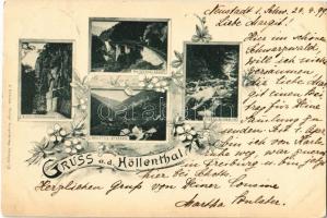 1899 (Vorläufer) Höllental, Höllenthal; Hirschsprungtunnel, Ravennaviaduct, Höllsteig Sternen, Ravennawasserfall / railway tunnel, viaduct, waterfall. Art Nouveau, floral