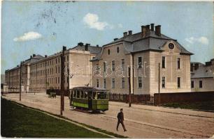 1913 Nagyszeben, Hermannstadt, Sibiu; Cs. és kir. gyalogsági hadapródiskola, villamos / K.u.K. Infanterie Kadettenschule / Austro-Hungarian military cadet school, tram (kis szakadás / small tear)