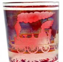 Mozdonymotívumos színezett üvegpohár, kopásnyomokkal, m: 14 cm, d: 9 cm