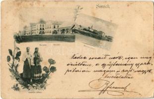 1900 Sziszek, Sisak, Sissek; Kasarna, Narodna nosnja, Rimska ulica / military barracks, folklore, street. Art Nouveau, floral (EK)