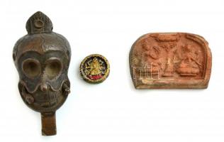 3 db kis buddhista tárgy: 2 cserép. egy fém