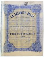 Belgium 1927. La Sécurité Belge 2000db részvénye összesen 1.000.000Fr értékben, szelvényekkel, felülbélyegzésekkel T:III Belgium 1927. 2000 shares of La Sécurité Belge with a total value of 1.000.000 Francs, with coupons, overprints C:F