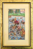 Jelzés nélkül: Mogul csatajelenet. Akbar császár kedvenc tanácsadójával, Birballal. Indiai akvarell-karton, 18 x 10 cm Üvegezett keretben