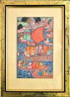 Jelzés nélkül: Mogul csatajelenet. Akbar császár feleségével és kedvenc tanácsadójával, Birballal. Indiai akvarell-karton, 18 x 10 cm Üvegezett keretben