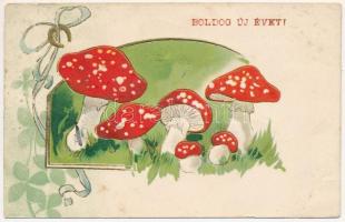 1908 Boldog Újévet! / New Year greeting card, mushrooms. Art Nouveau, Emb. litho (b)