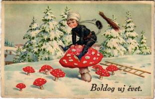 1937 Boldog Újévet! / New Year greeting card, chimney sweeper jumping on mushrooms. "ERIKA" Nr. 6262. (EB)
