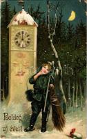 1908 Boldog Újévet! / New Year greeting card, chimney sweeper kid, mushroom. EAS litho (EK)