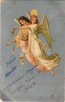 1901 Szerencsés Boldog Újévet! / New Year greeting art postcard, romantic couple. Kunstverlag Rafael Neuber Serie 47. litho s: E. Döcker jun. (Rb)