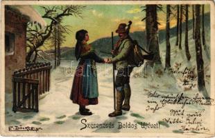1903 Szerencsés Boldog Újévet! / New Year greeting art postcard, romantic couple, hunter with rifle. Kunstverlag Rafael Neuber Serie 47. litho s: E. Döcker jun. (EM)