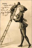 1906 Boldog Újévet! / New Year greeting card, chimney sweeper lady. litho (Rb)