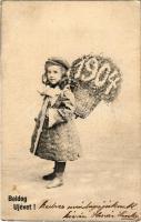 1904 Boldog Újévet! / New Year greeting card, girl with basket (EB)