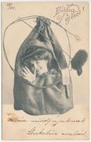 1905 Boldog Újévet! / New Year greeting card, chimney sweepers bag with lady (Rb)