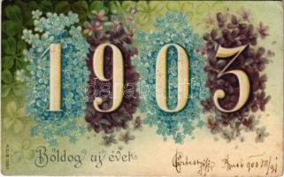 1903 Boldog Újévet! / New Year greeting card, clovers, floral. M.S.i.B. litho (EK)