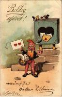 1906 Boldog Újévet! / New Year greeting card, dwarf with love letters. Alois Barsch litho (fa)