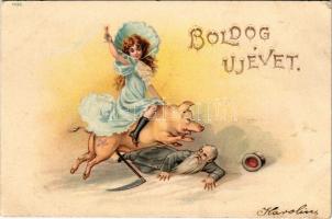 Boldog Újévet! / New Year greeting card, lady riding a pig. litho (szakadás / tear)