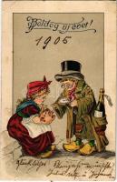1905 Boldog Újévet! / New Year greeting card, baby pig, champagne. Emb. litho (Rb)
