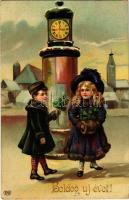 1910 Boldog Újévet! / New Year greeting card, romantic couple with clovers. EAS litho (EK)