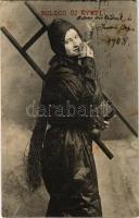 1908 Boldog Újévet! / New Year greeting card, chimney sweeper, smoking (Rb)
