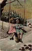 1908 Boldog Újévet! / New Year greeting card, children with mushroom (EB)